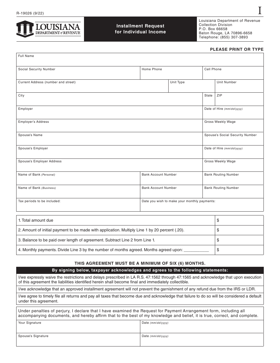 Form R-19026 Installment Request for Individual Income - Louisiana, Page 2