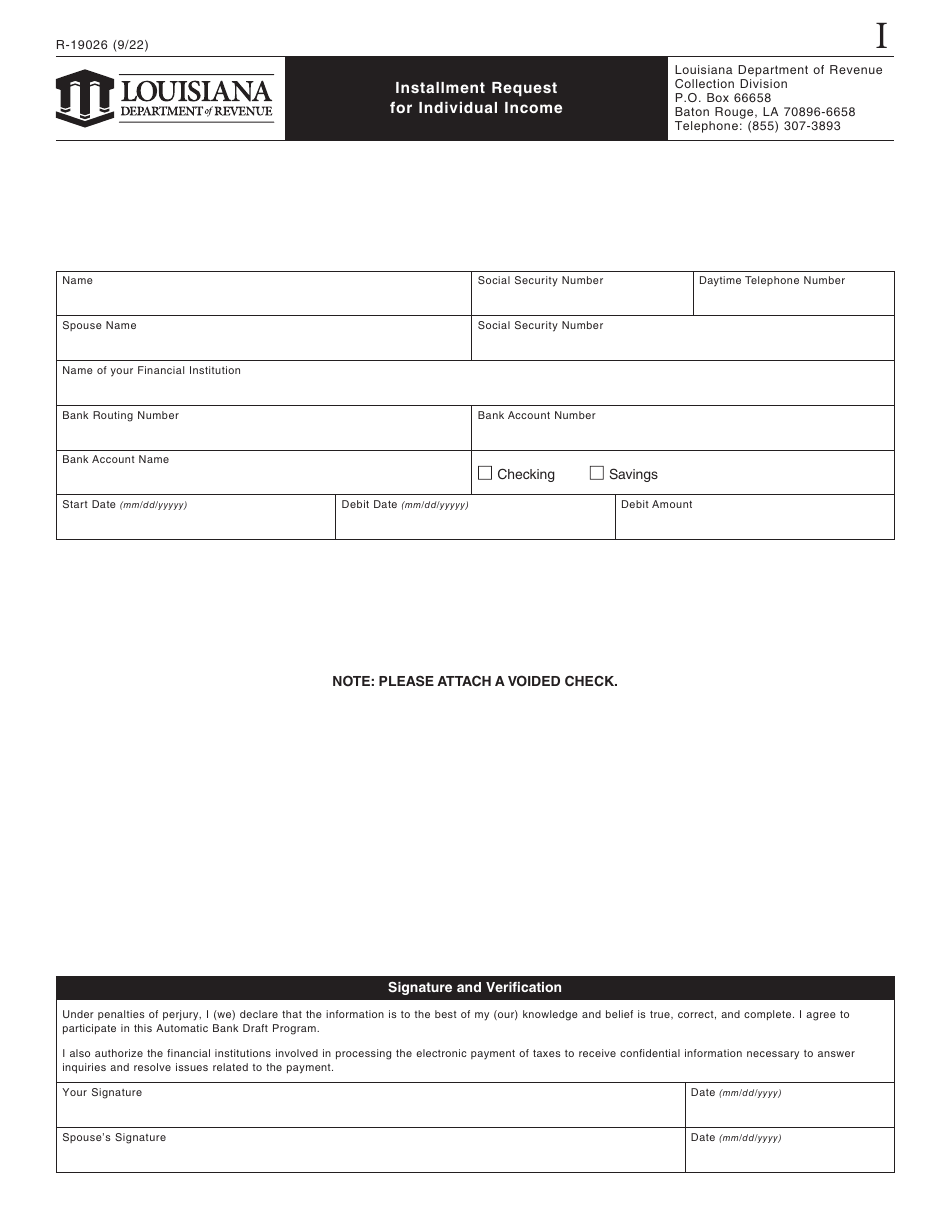 Form R 19026 Download Fillable Pdf Or Fill Online Installment Request For Individual Income 4524