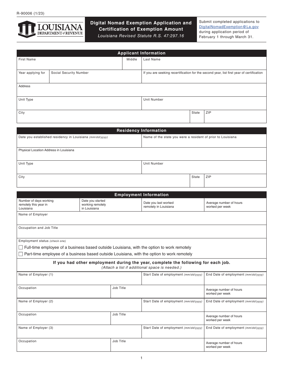 Form R-90006 Digital Nomad Exemption Application and Certification of Exemption Amount - Louisiana, Page 1