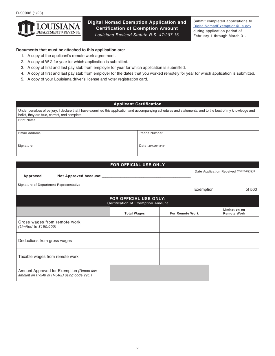 Form R-90006 Digital Nomad Exemption Application and Certification of Exemption Amount - Louisiana, Page 2
