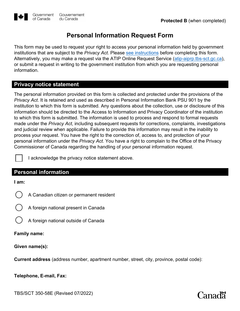 Form TBS / SCT350-58 Personal Information Request Form - Canada, Page 1