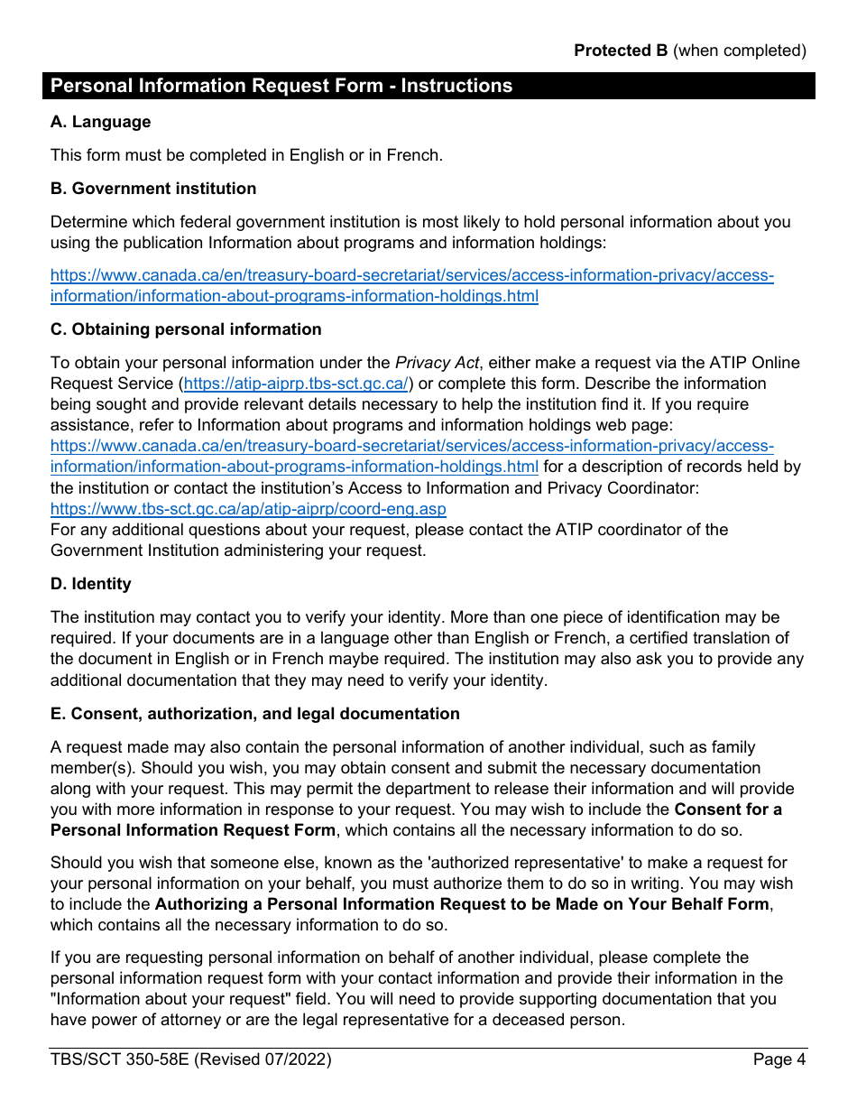 Form TBS / SCT350-58 Personal Information Request Form - Canada, Page 4