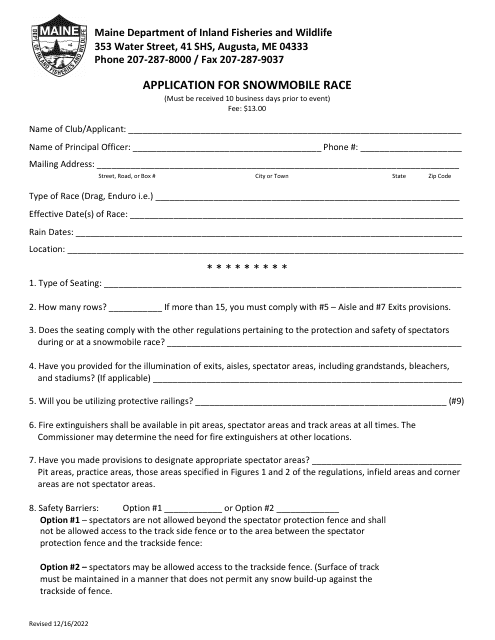 Application for Snowmobile Race - Maine Download Pdf