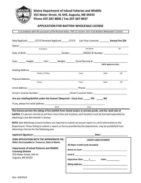 Application for Baitfish Wholesale License - Maine Download Pdf