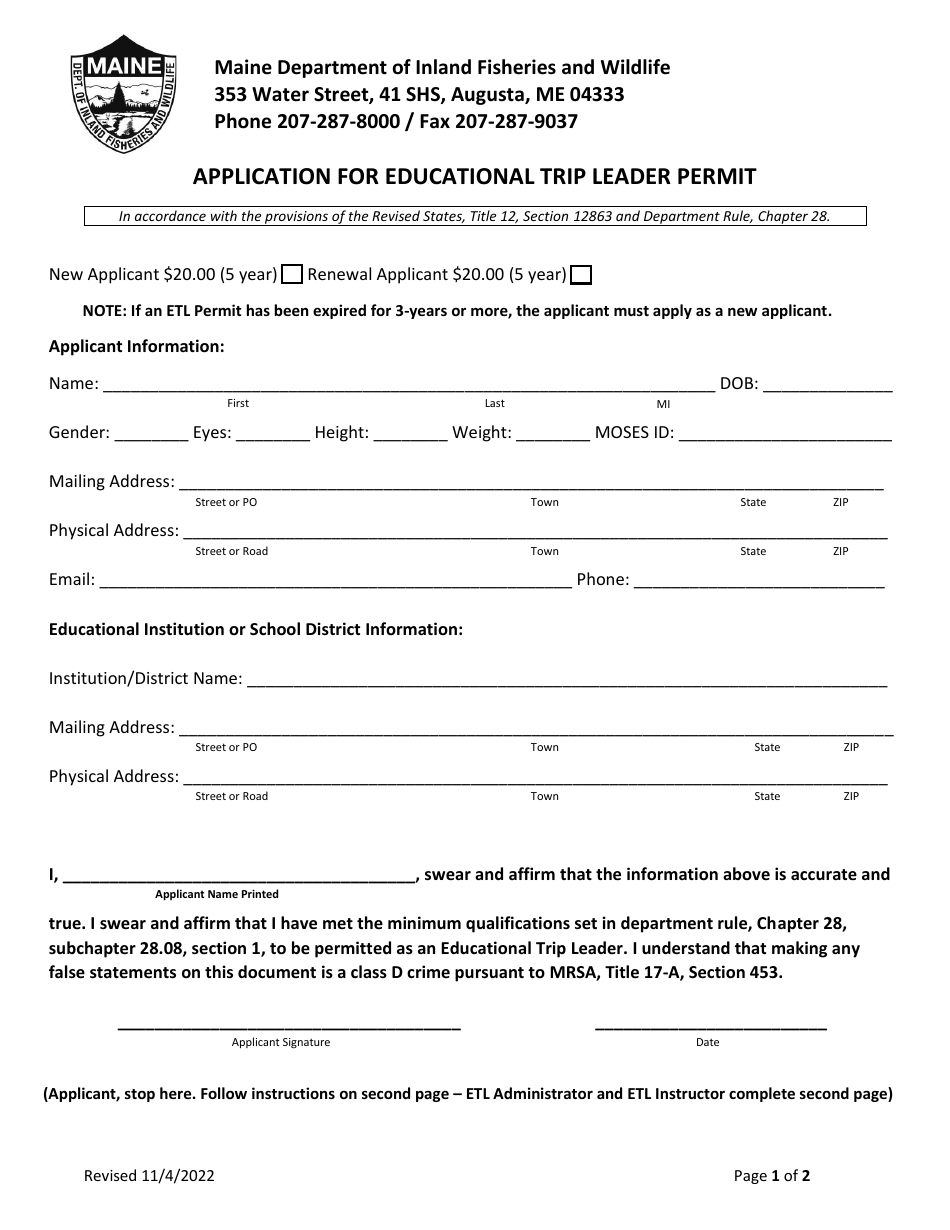 Application for Educational Trip Leader Permit - Maine, Page 1