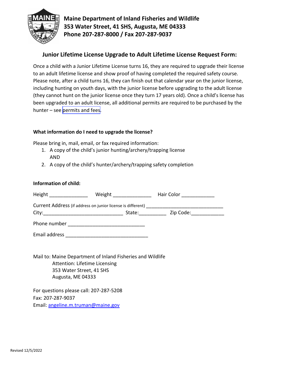Junior Lifetime License Upgrade to Adult Lifetime License Request Form - Maine, Page 1