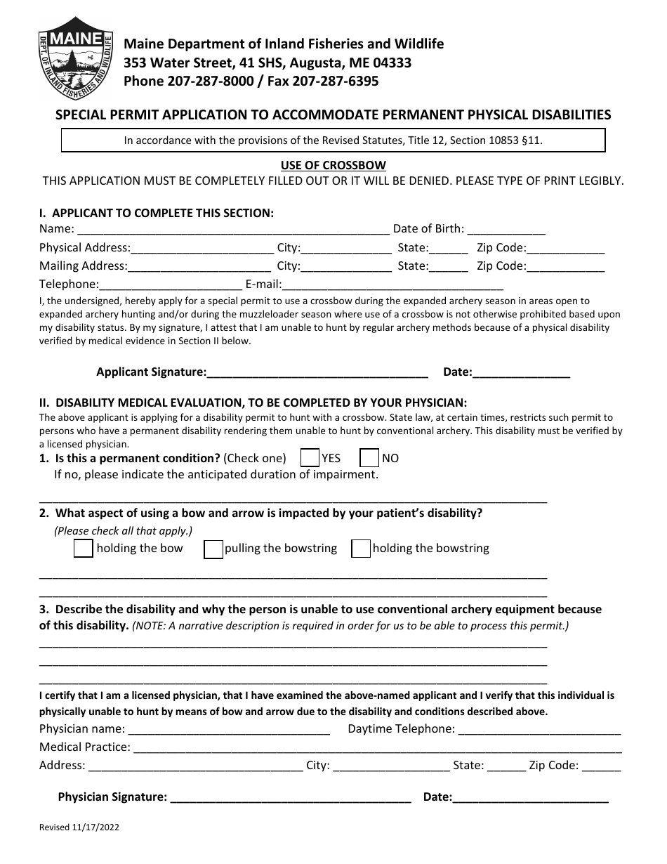 Maine Special Permit Application To Accommodate Permanent Physical   Special Permit Application To Accommodate Permanent Physical Disabilities Use Of Crossbow Maine Print Big 