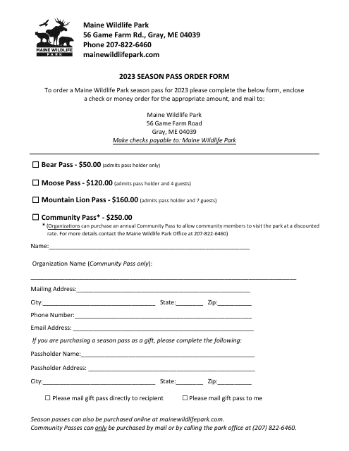 Season Pass Order Form - Maine, 2023