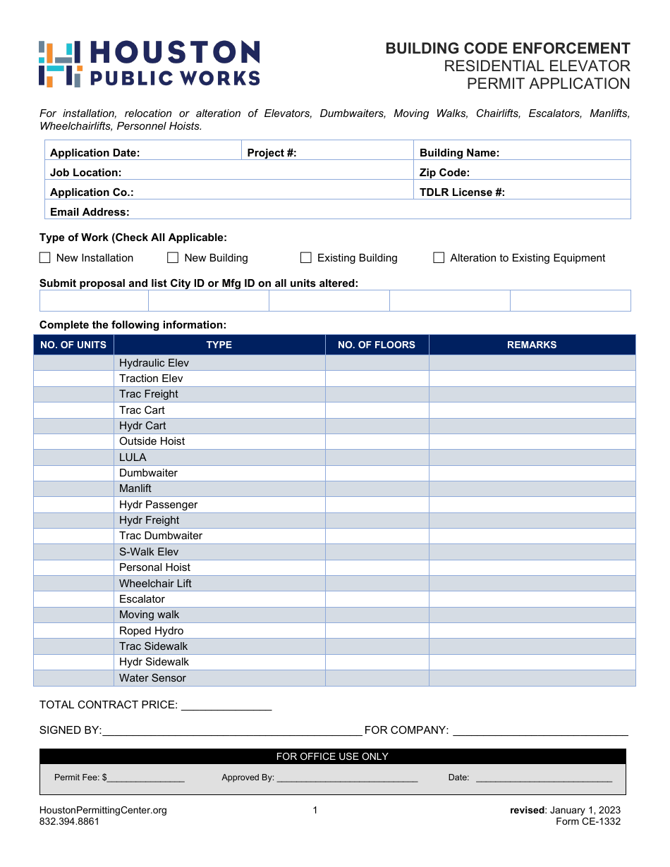 Form CE-1332 Residential Elevator Permit Application - City of Houston, Texas, Page 1