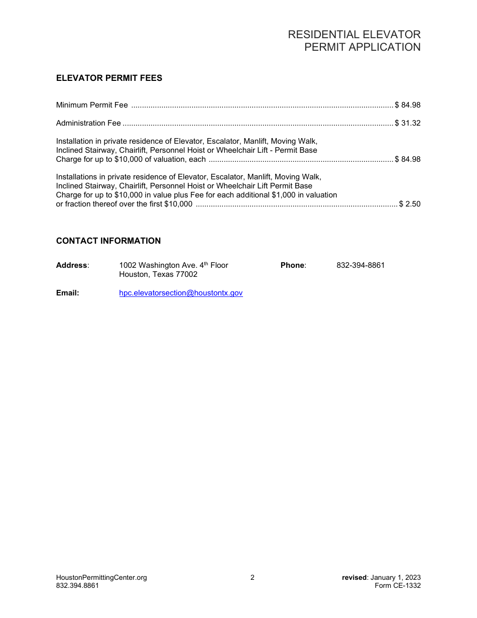 Form CE-1332 Residential Elevator Permit Application - City of Houston, Texas, Page 2