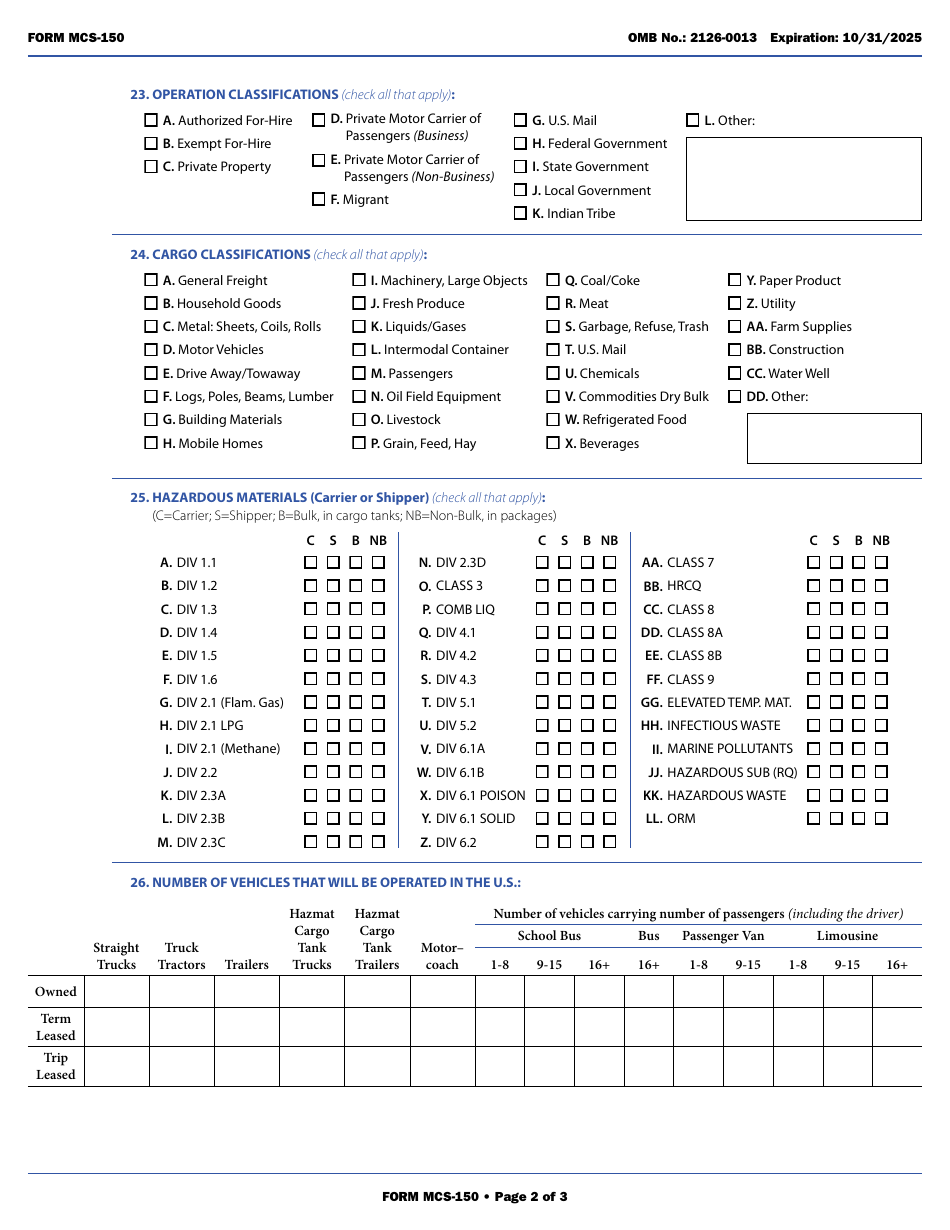 Form MCS150 Download Fillable PDF or Fill Online Motor Carrier