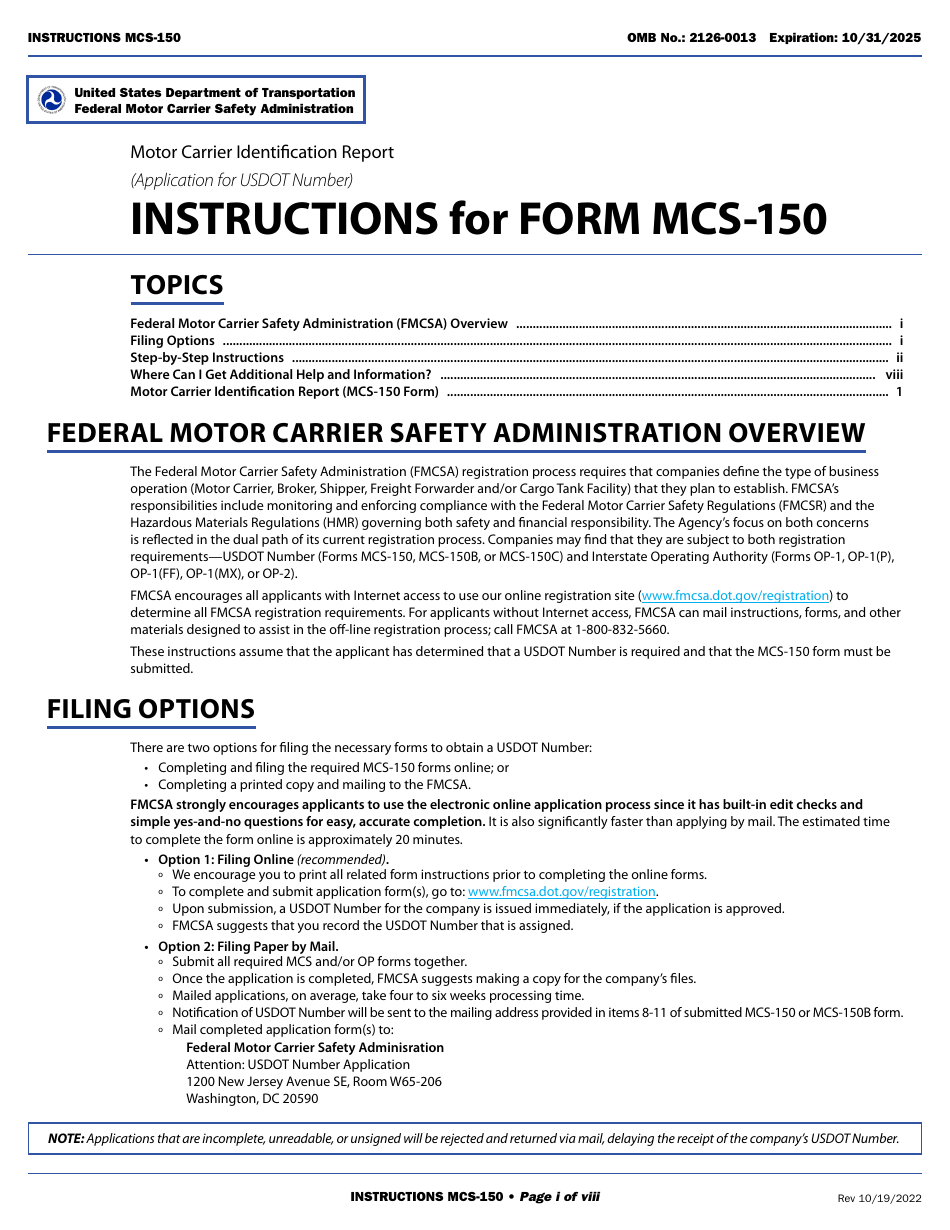 Form MCS-150 Motor Carrier Identification Report, Page 1