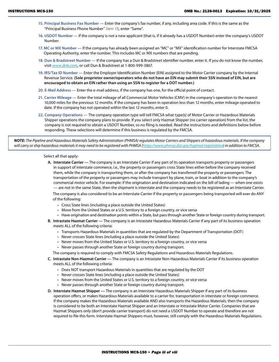 Form MCS-150 Download Fillable PDF or Fill Online Motor Carrier ...