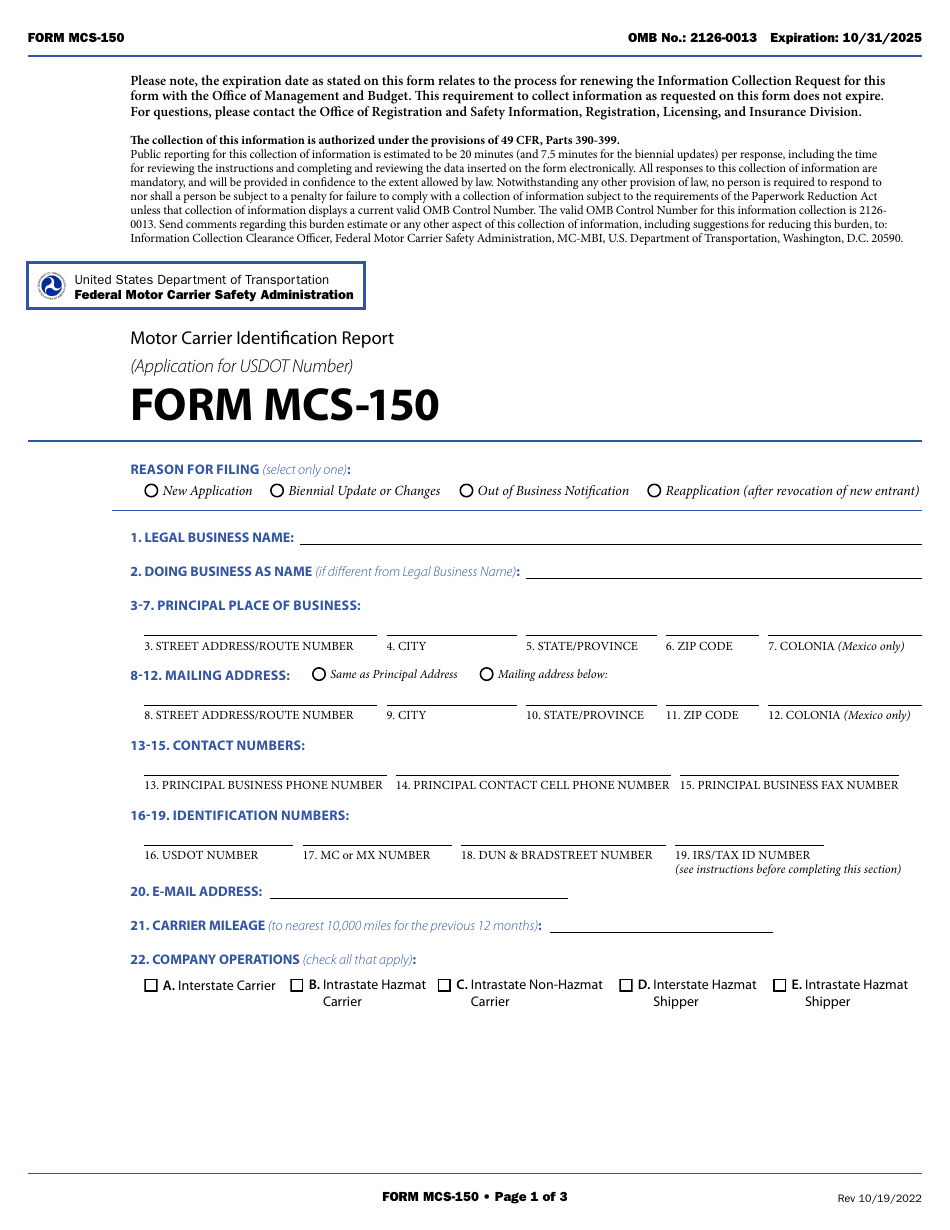Form MCS-150 Motor Carrier Identification Report, Page 9
