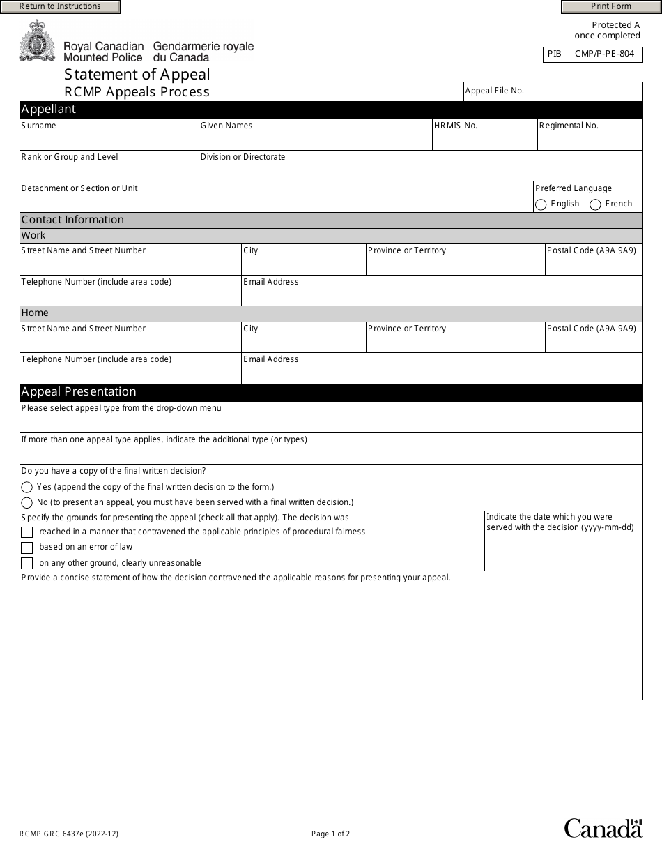 Form RCMP GRC6437 Statement of Appeal - Rcmp Appeals Process - Canada, Page 3