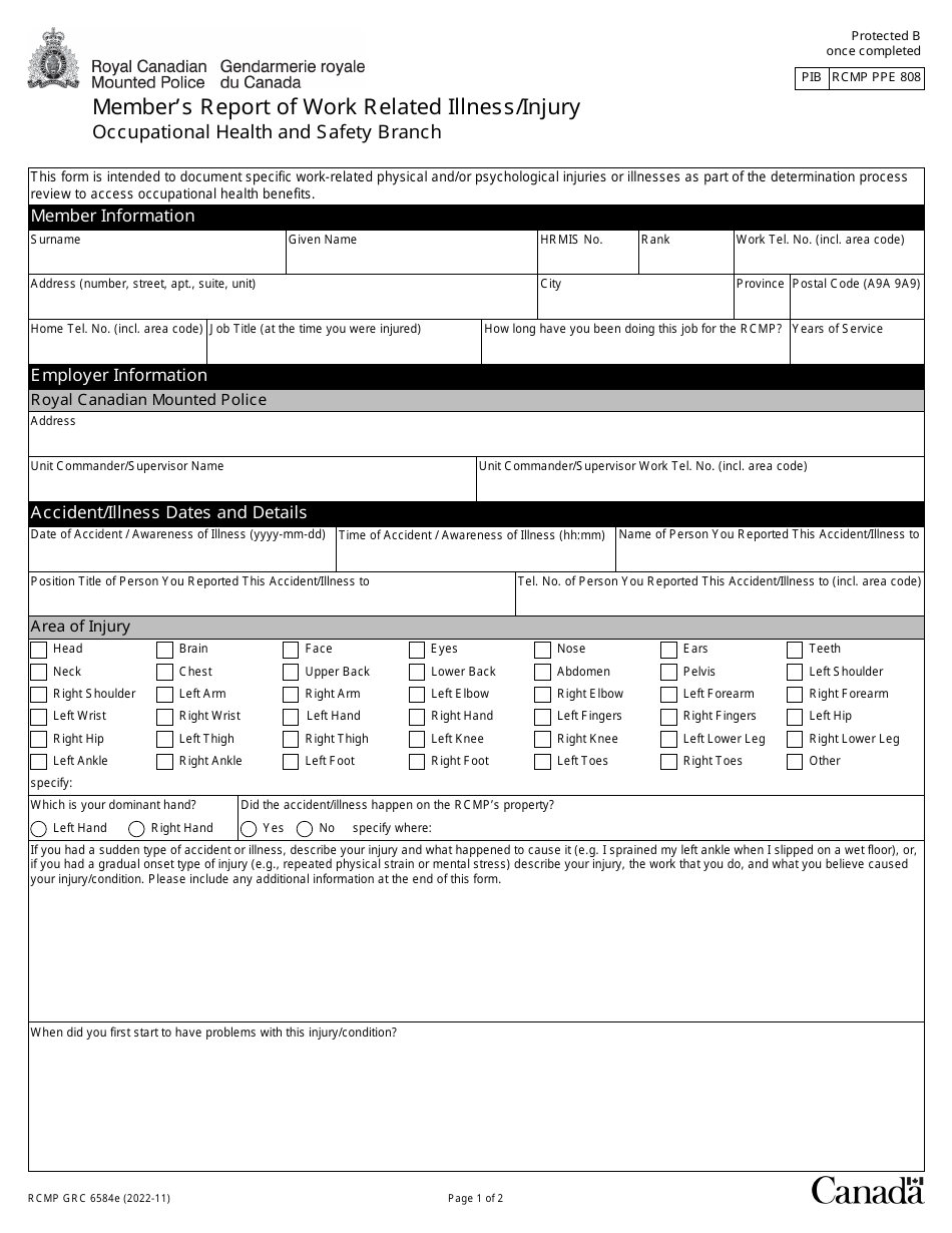 Form RCMP GRC6584 Members Report of Work Related Illness / Injury - Canada, Page 1