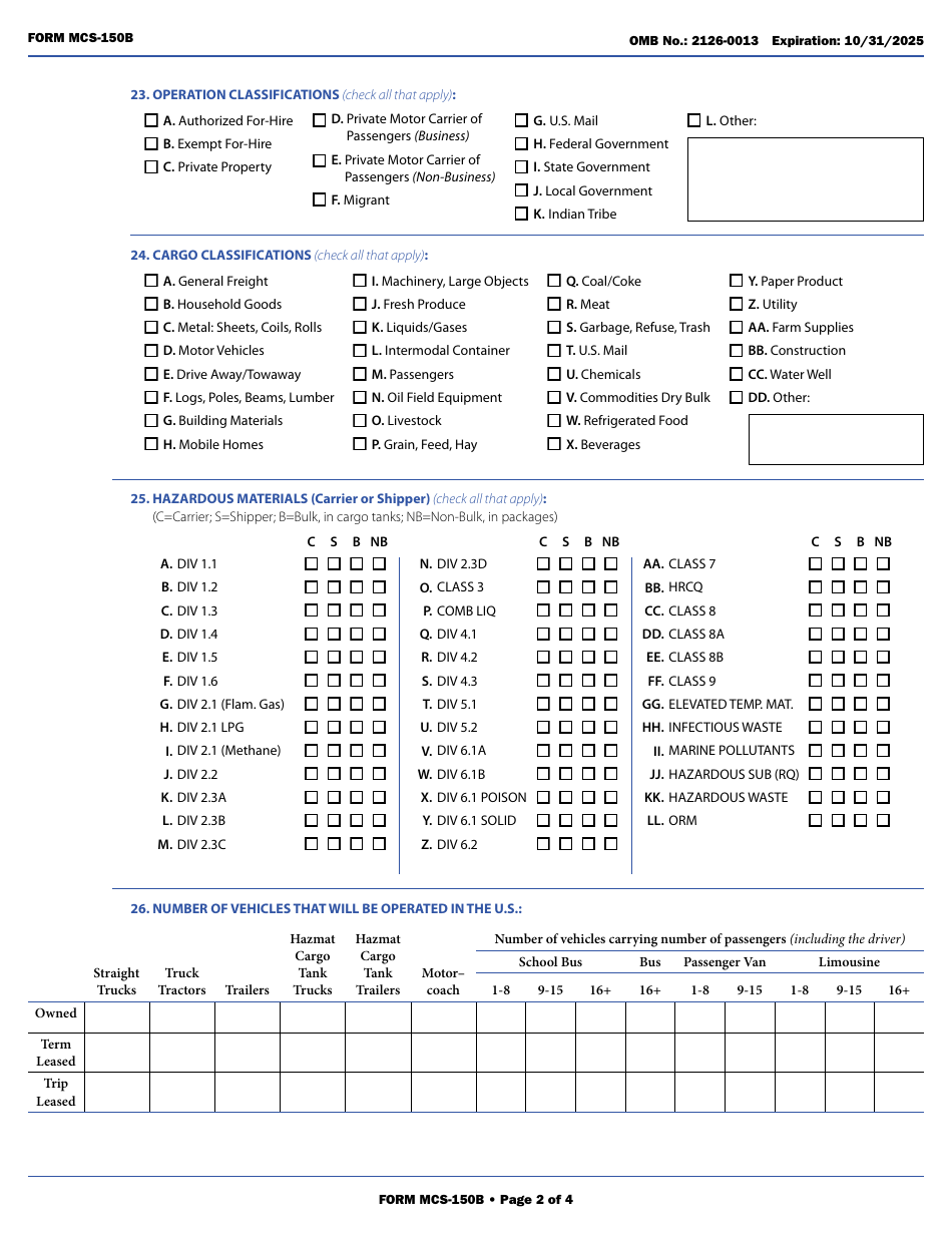 Form MCS-150B Combined Motor Carrier Identification Report and HM Permit Application, Page 10