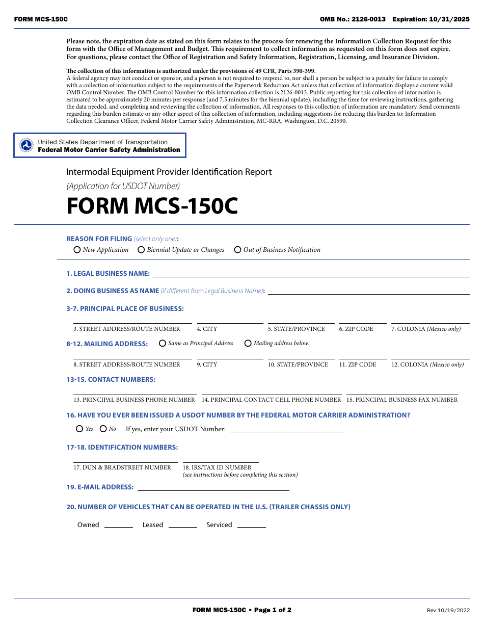 Form MCS150C Download Fillable PDF or Fill Online Intermodal Equipment