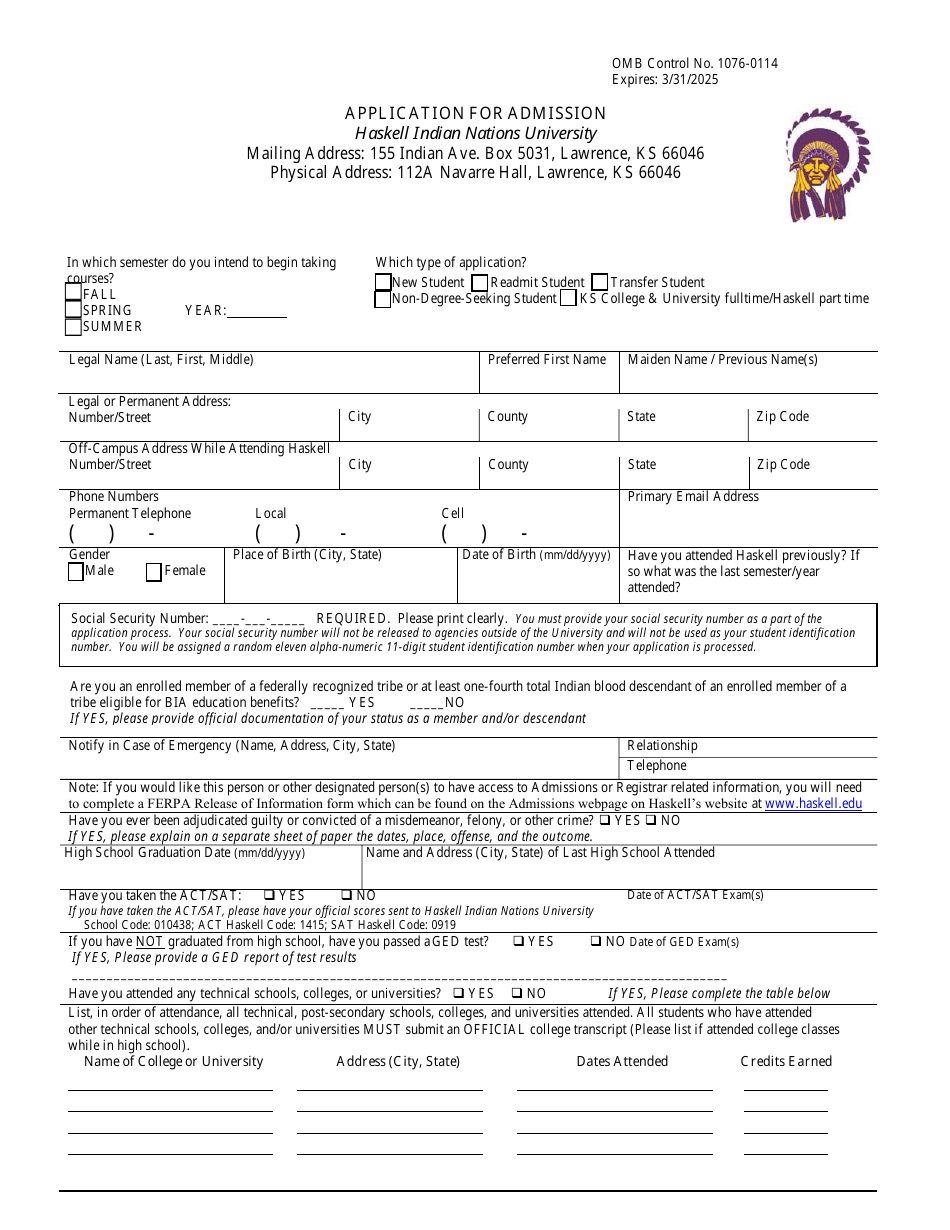 Application For Admission - Haskell Indian Nations University - Fill ...