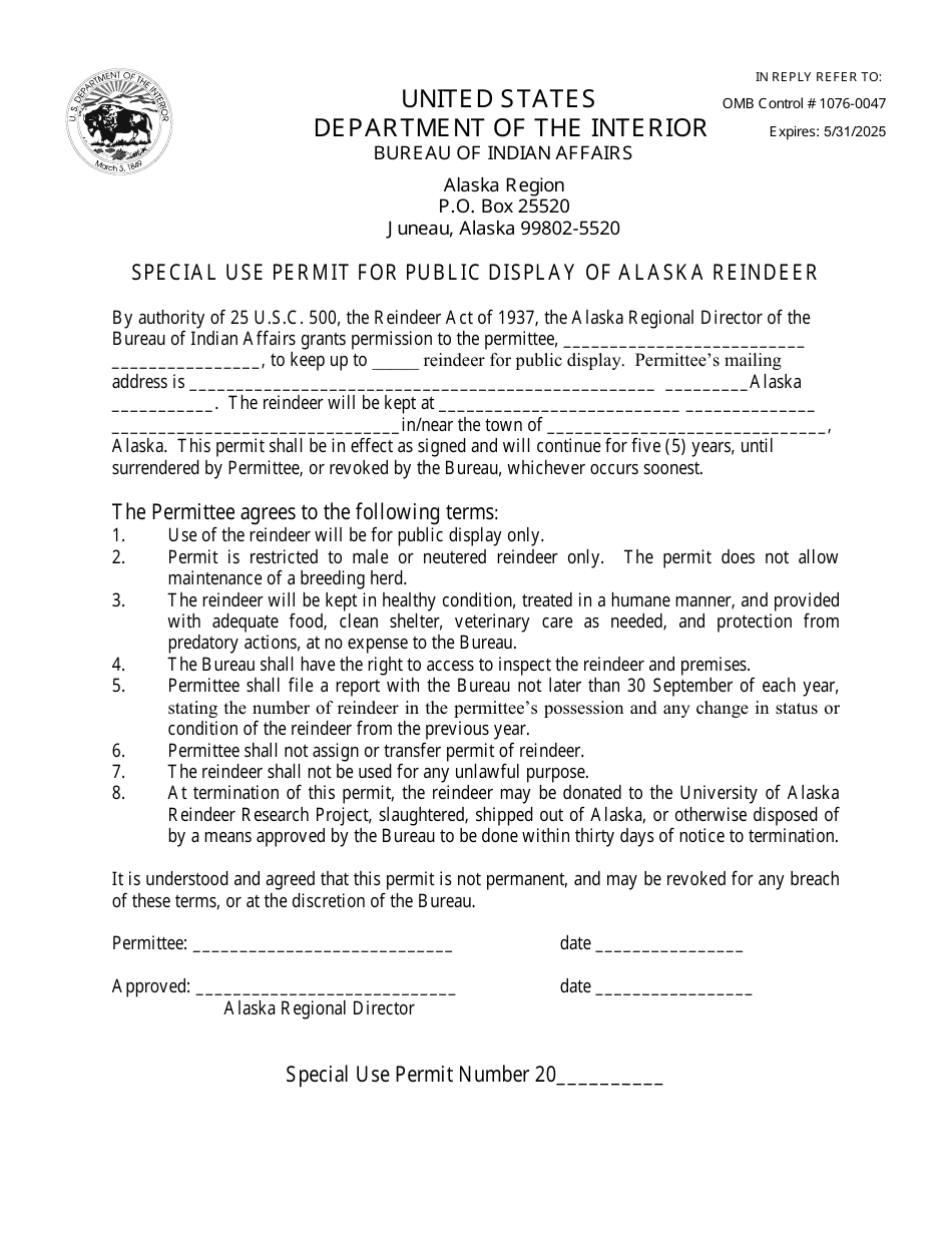 Special Use Permit for Public Display of Alaska Reindeer, Page 1