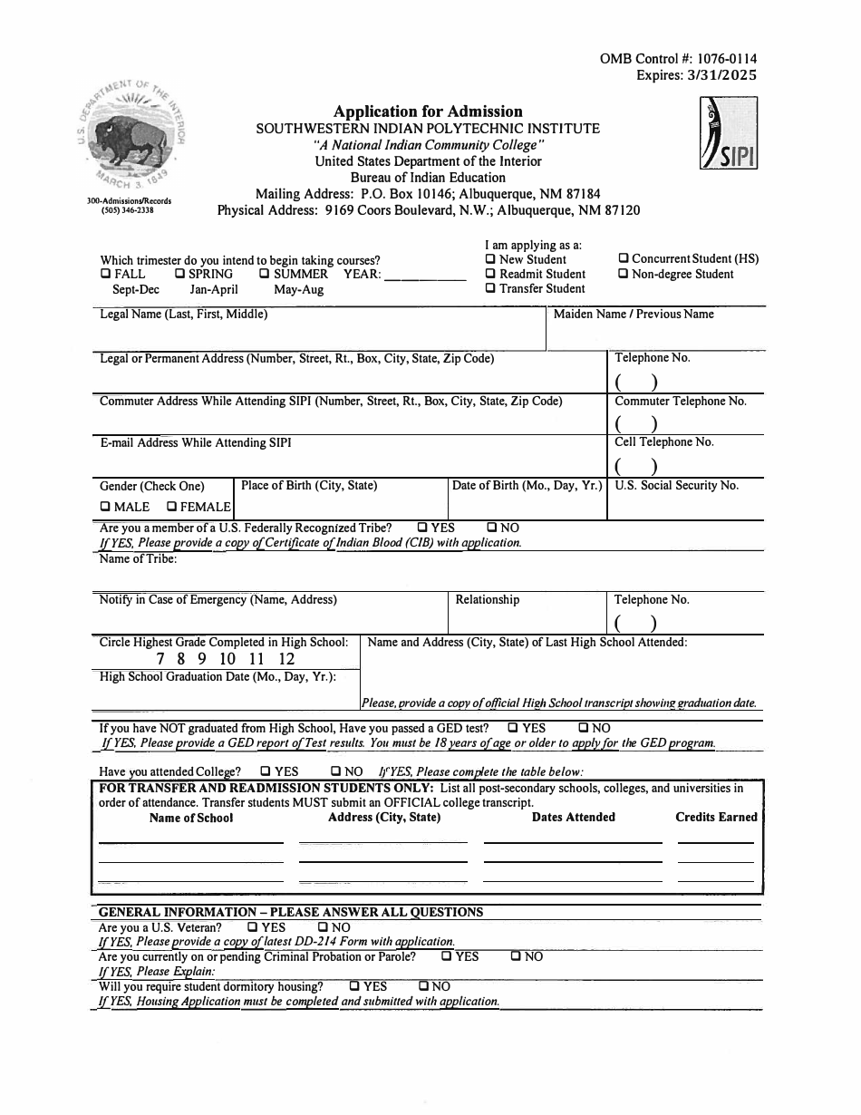 Application for Admission - Southwestern Indian Polytechnic Institute, Page 1