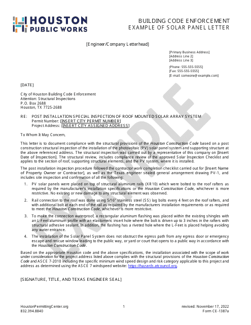 Form CE-1387A Solar Panel Letter - Example - City of Houston, Texas