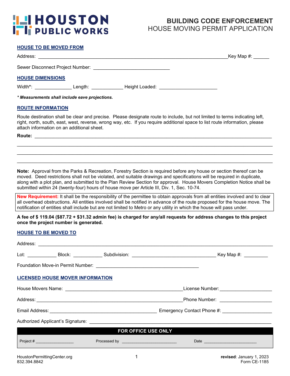 Form CE-1185 House Moving Permit Application - City of Houston, Texas, Page 1