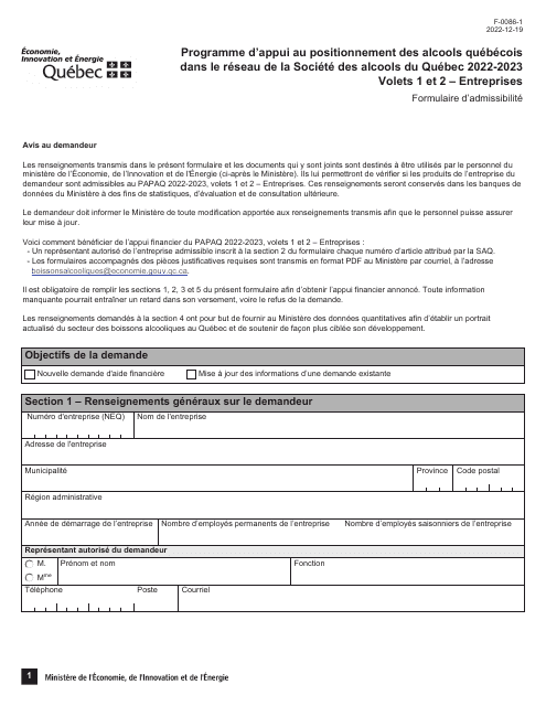Forme F-0086-1 Volet 1, 2 Formulaire D'admissibilite - Entreprises - Programme D'appui Au Positionnement DES Alcools Quebecois Dans Le Reseau De La Societe DES Alcools Du Quebec - Quebec, Canada (French), 2023