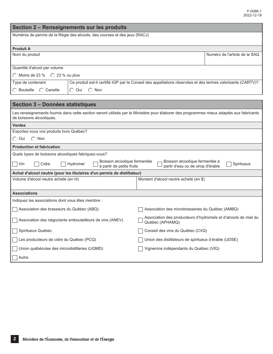 Forme F-0086-1 Volet 1, 2 Formulaire Dadmissibilite - Entreprises - Programme Dappui Au Positionnement DES Alcools Quebecois Dans Le Reseau De La Societe DES Alcools Du Quebec - Quebec, Canada (French), Page 2