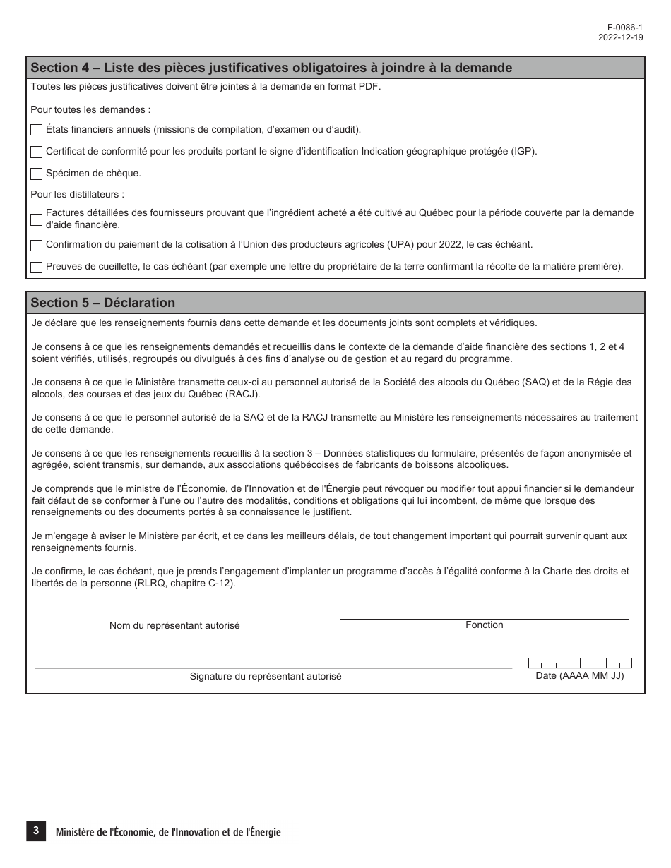 Forme F-0086-1 Volet 1, 2 Formulaire Dadmissibilite - Entreprises - Programme Dappui Au Positionnement DES Alcools Quebecois Dans Le Reseau De La Societe DES Alcools Du Quebec - Quebec, Canada (French), Page 3