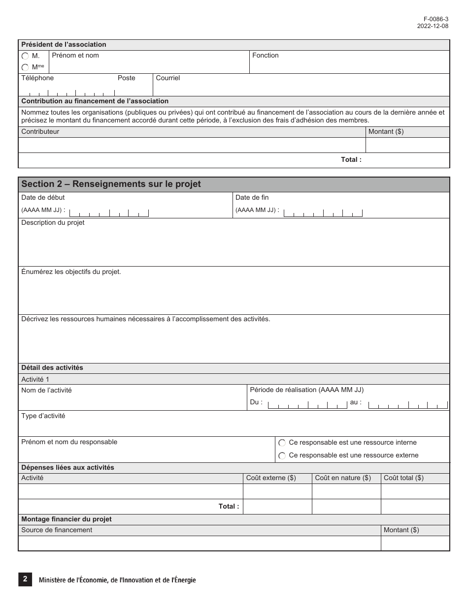 Forme F-0086-3 Volet 3 Formulaire Dadmissibilite - Soutien Aux Associations - Programme Dappui Au Positionnement DES Alcools Quebecois Dans Le Reseau De La Societe DES Alcools Du Quebec - Quebec, Canada (French), Page 2