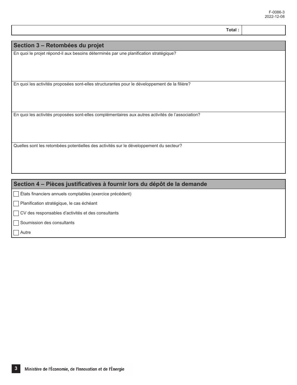 Forme F-0086-3 Volet 3 Formulaire Dadmissibilite - Soutien Aux Associations - Programme Dappui Au Positionnement DES Alcools Quebecois Dans Le Reseau De La Societe DES Alcools Du Quebec - Quebec, Canada (French), Page 3