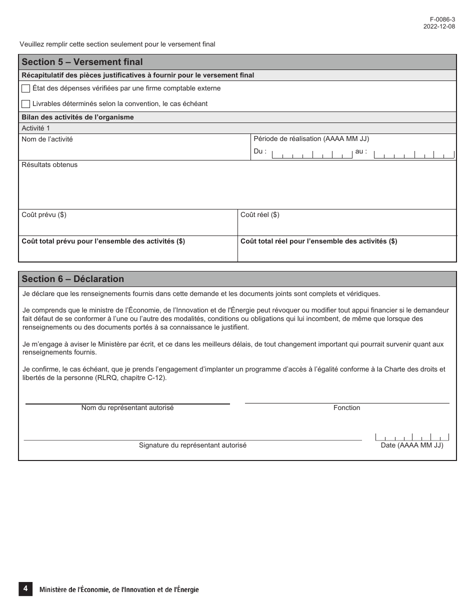 Forme F-0086-3 Volet 3 Formulaire Dadmissibilite - Soutien Aux Associations - Programme Dappui Au Positionnement DES Alcools Quebecois Dans Le Reseau De La Societe DES Alcools Du Quebec - Quebec, Canada (French), Page 4
