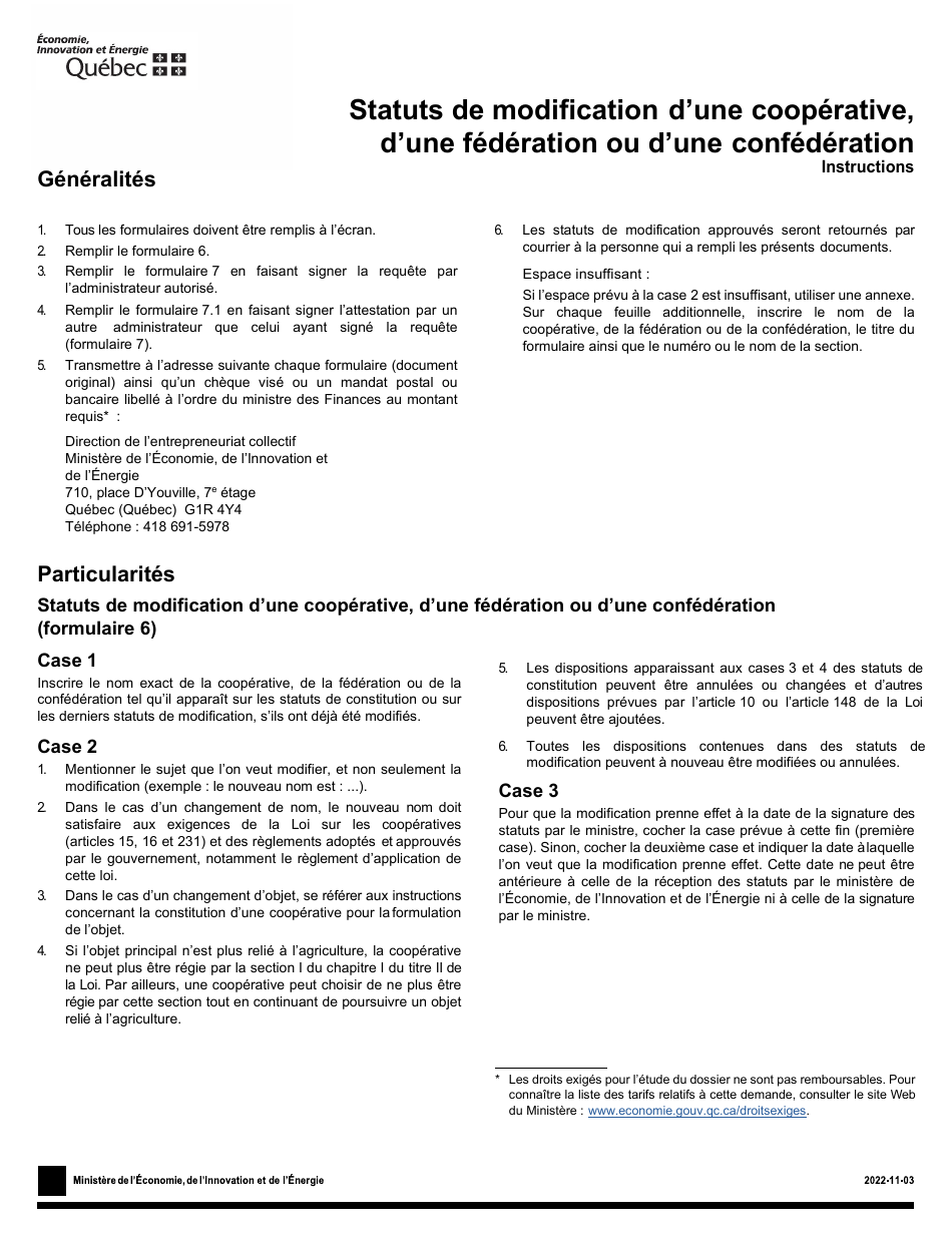 Instruction pour Forme 6, F-CO06 Statuts De Modification Dune Cooperative, Dune Federation Ou Dune Confederation - Quebec, Canada (French), Page 1