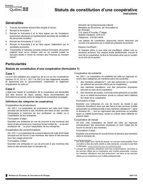 Instruction pour Forme 1, F-CO01 Statuts De Constitution D'une Cooperative - Quebec, Canada (French)