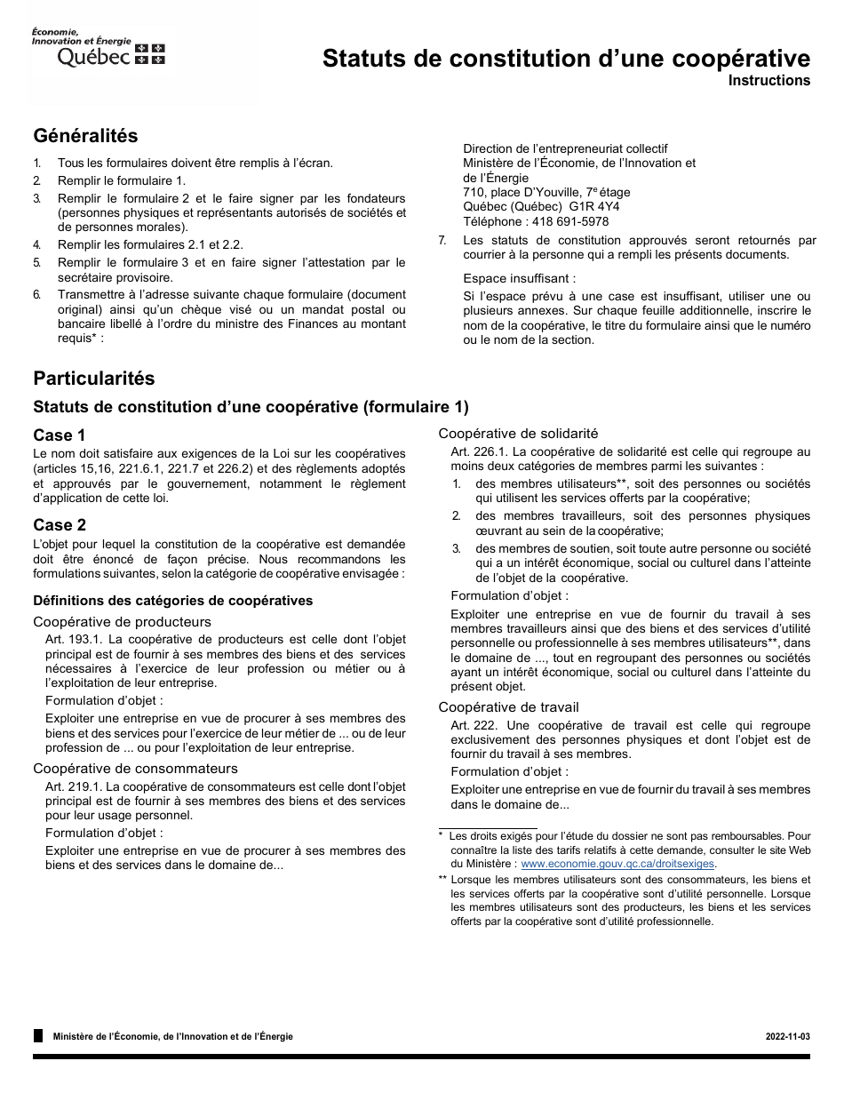 Instruction pour Forme 1, F-CO01 Statuts De Constitution Dune Cooperative - Quebec, Canada (French), Page 1