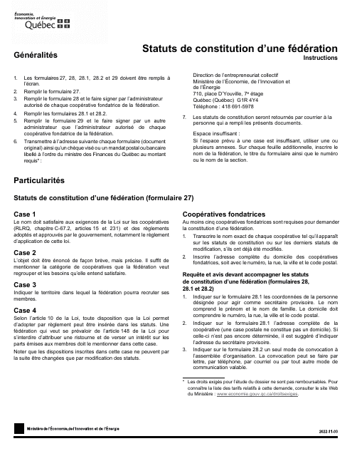 Instruction pour Forme 27, F-CO27 Statuts De Constitution D'une Federation - Quebec, Canada (French)