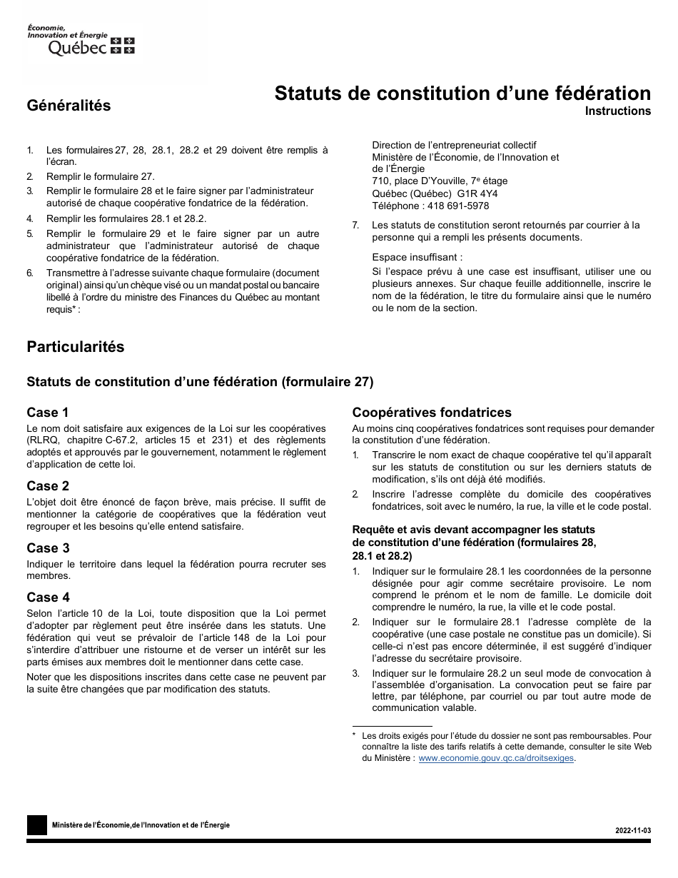Instruction pour Forme 27, F-CO27 Statuts De Constitution Dune Federation - Quebec, Canada (French), Page 1
