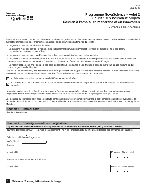 Form F-0017 Section 2 Demande D'aide Financiere - Soutien a L'emploi En Recherche Et En Innovation - Quebec, Canada