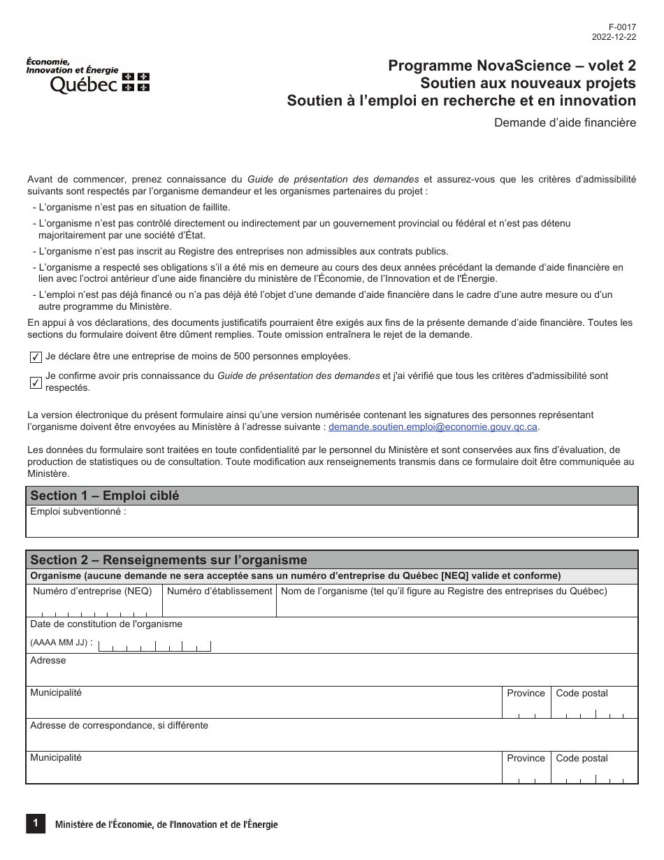 Form F-0017 Section 2 Demande Daide Financiere - Soutien a Lemploi En Recherche Et En Innovation - Quebec, Canada, Page 1