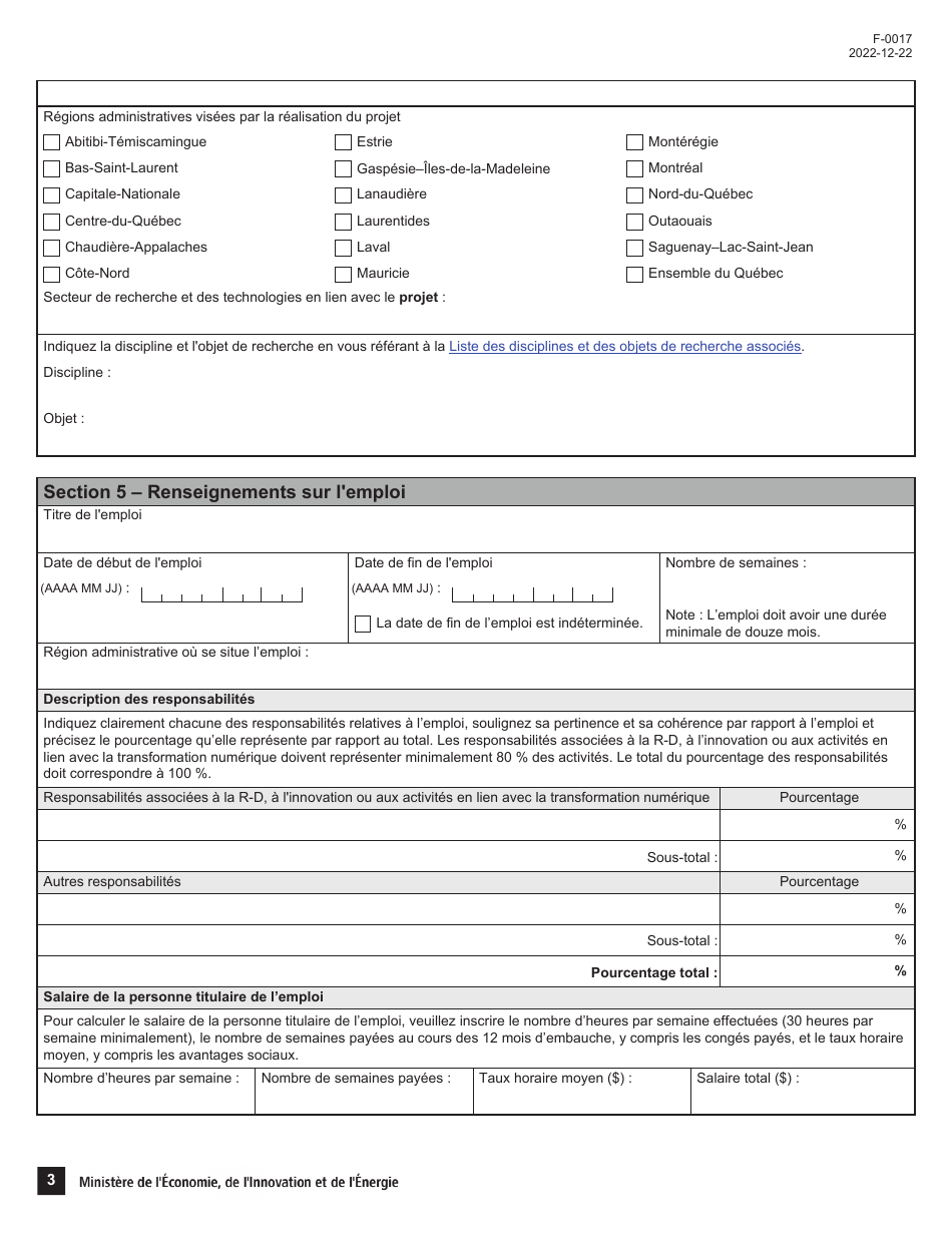 Form F-0017 Section 2 Demande Daide Financiere - Soutien a Lemploi En Recherche Et En Innovation - Quebec, Canada, Page 3