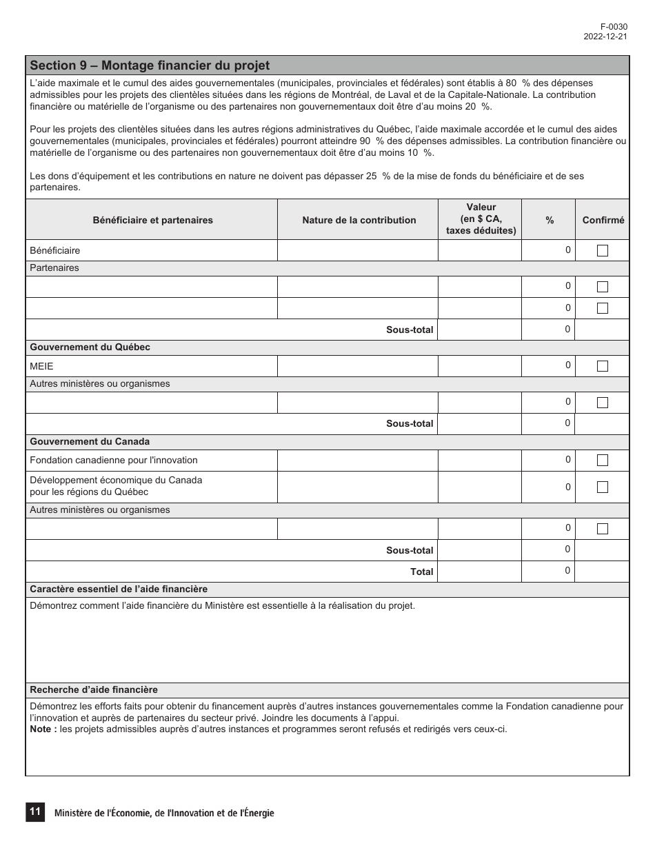 Forme F-0030 Volet 4 Demande Daide Financiere - Programme De Soutien Aux Organismes De Recherche Et Dinnovation: Soutien Au Financement Dinfrastructures De Recherche Et Dinnovation (Psov4) - Quebec, Canada (French), Page 11