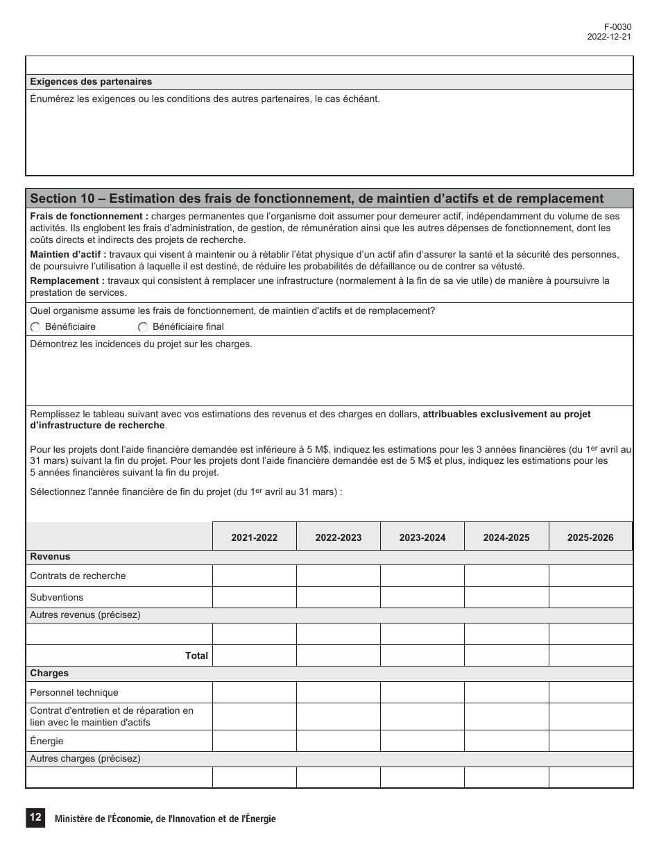 Forme F-0030 Volet 4 Demande Daide Financiere - Programme De Soutien Aux Organismes De Recherche Et Dinnovation: Soutien Au Financement Dinfrastructures De Recherche Et Dinnovation (Psov4) - Quebec, Canada (French), Page 12
