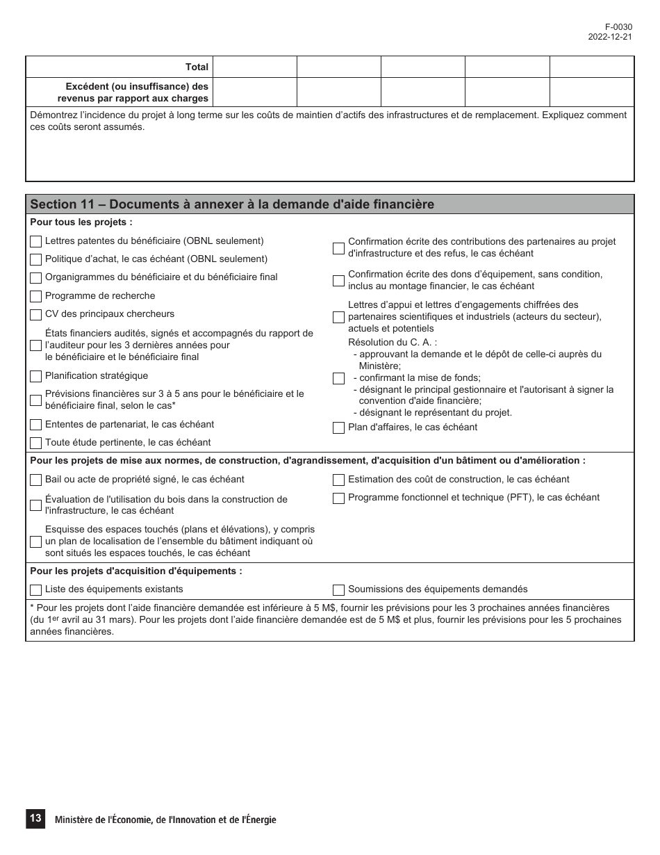 Forme F-0030 Volet 4 Demande Daide Financiere - Programme De Soutien Aux Organismes De Recherche Et Dinnovation: Soutien Au Financement Dinfrastructures De Recherche Et Dinnovation (Psov4) - Quebec, Canada (French), Page 13