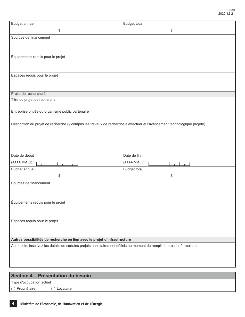 Forme F-0030 Volet 4 Demande Daide Financiere - Programme De Soutien Aux Organismes De Recherche Et Dinnovation: Soutien Au Financement Dinfrastructures De Recherche Et Dinnovation (Psov4) - Quebec, Canada (French), Page 4
