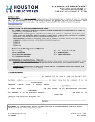 Document preview: Form CE-1306 Acknowledgement of Fire Extinguishing System - City of Houston, Texas