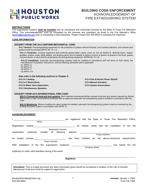Form CE-1306 Acknowledgement of Fire Extinguishing System - City of Houston, Texas