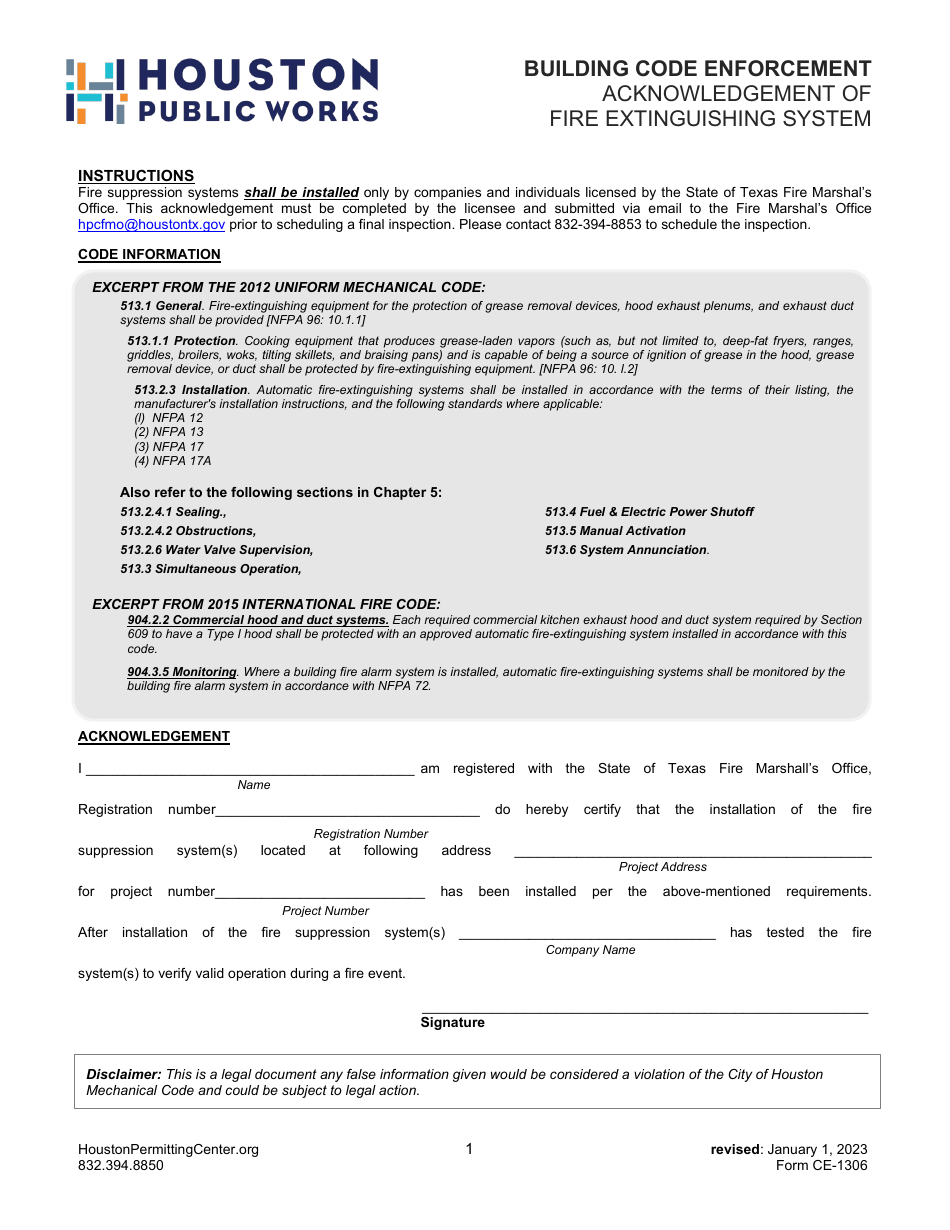 Form CE-1306 Acknowledgement of Fire Extinguishing System - City of Houston, Texas, Page 1