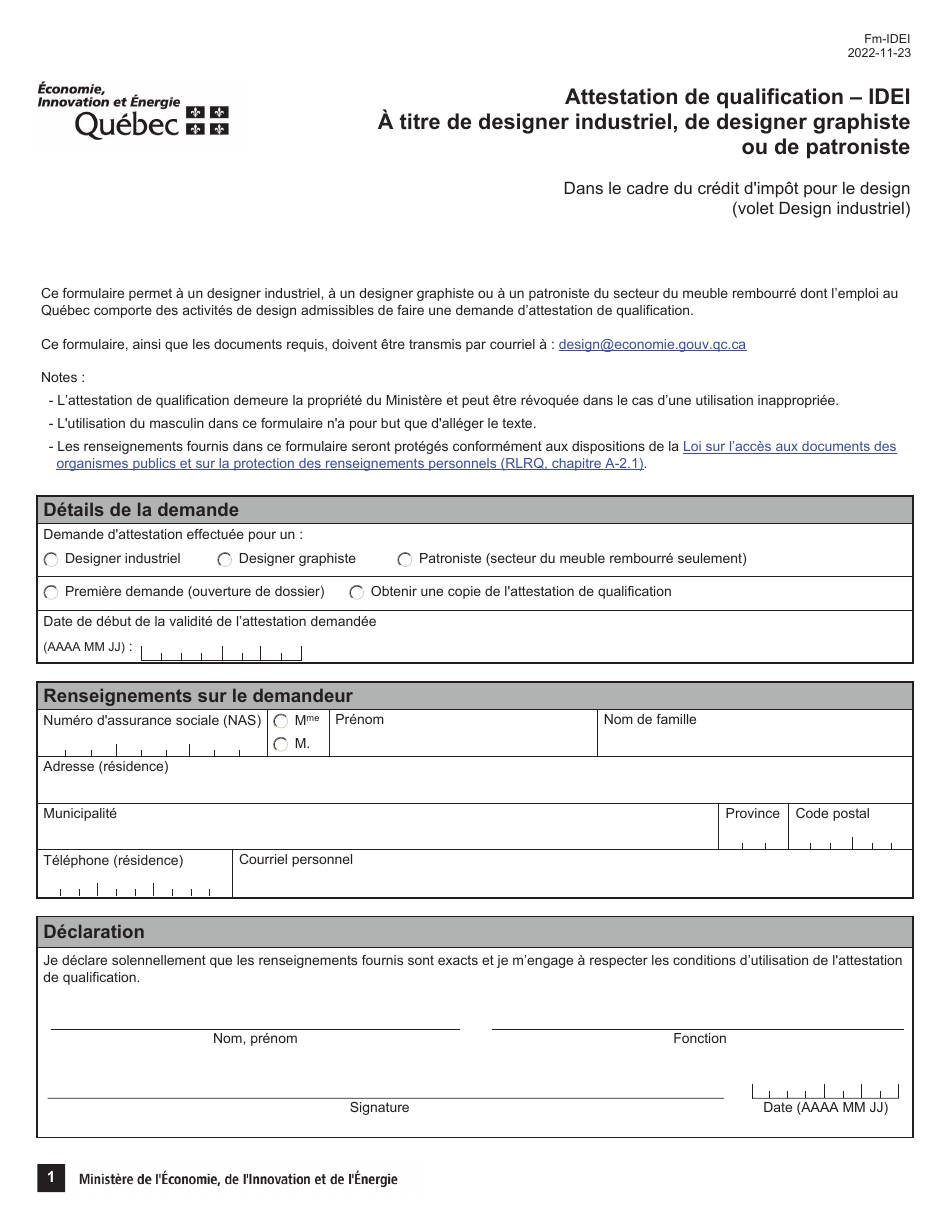 Forme FM-IDEI Attestation De Qualification - Idei a Titre De Designer Industriel, De Designer Graphiste Ou De Patroniste - Dans Le Cadre Du Credit Dimpot Pour Le Design - Volet Design Industriel - Quebec, Canada (French), Page 1