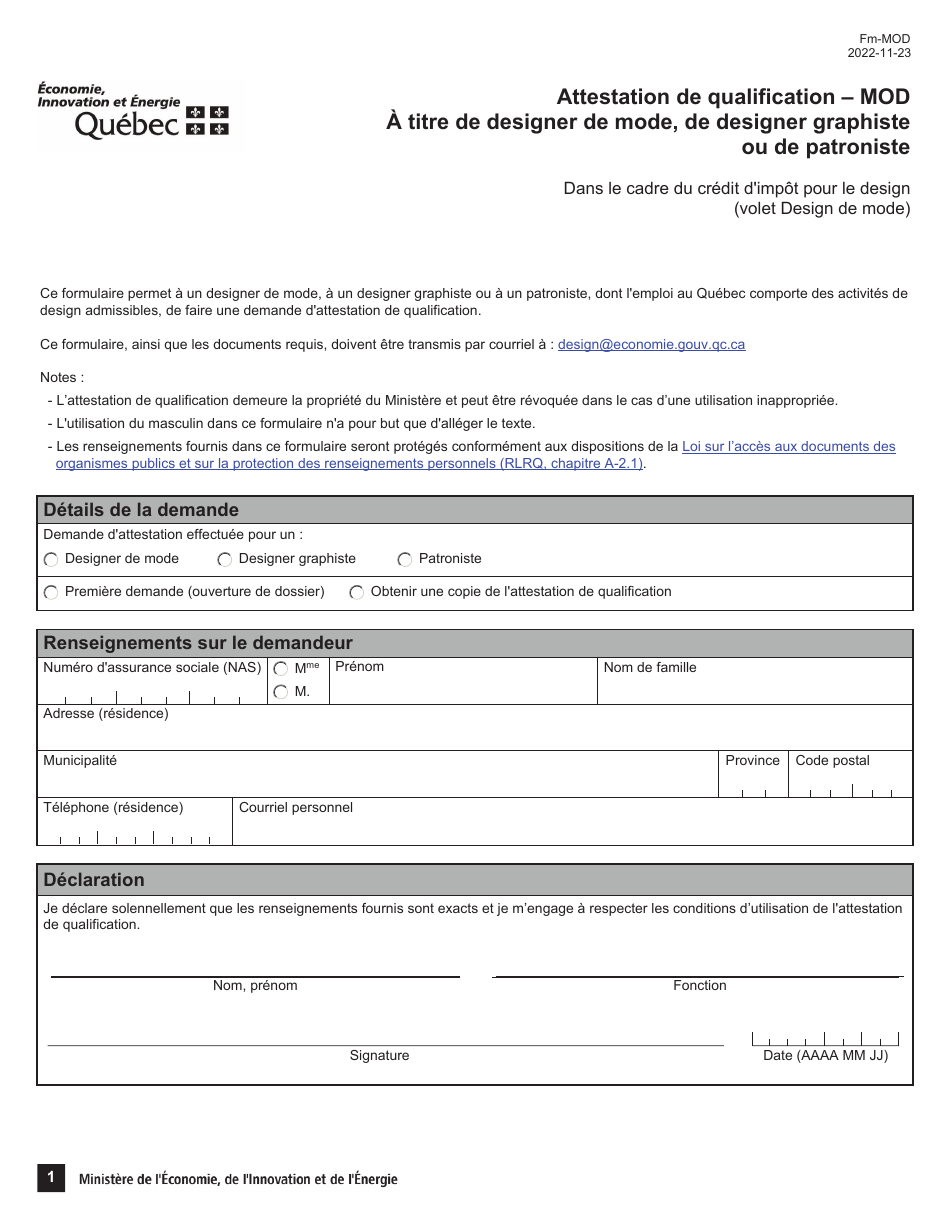 Forme FM-MOD Attestation De Qualification - Mod a Titre De Designer De Mode, De Designer Graphiste Ou De Patroniste - Dand Le Cadre Du Credit Dimpot Pour Le Design - Volet Design De Mode - Quebec, Canada (French), Page 1